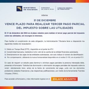 ¡El 31 de diciembre vence el plazo para realizar el tercer pago parcial del impuesto sobre las utilidades en Costa Rica!